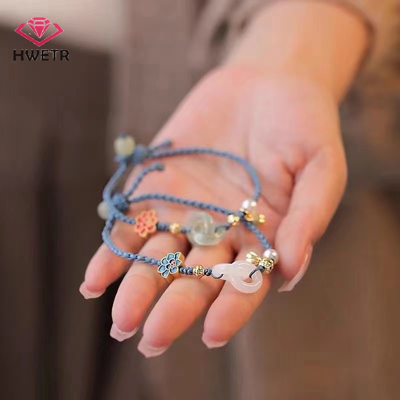 Hwetr สร้อยข้อมือถัก ประดับมุก หยก ดอกบัว สไตล์ชนเผ่า ปรับได้ เครื่องประดับแฟชั่น สําหรับผู้หญิง
