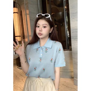เสื้อโปโลแขนสั้น ผ้าแจ็คคาร์ดถัก ลายดอกกุหลาบ แฟชั่นฤดูร้อน สําหรับผู้หญิง