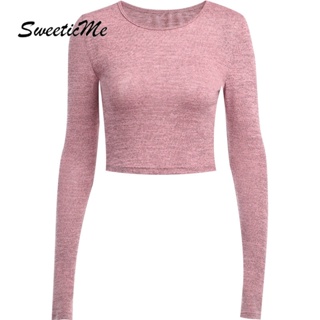 Sweeticme ใหม่ เสื้อยืดลําลอง แขนยาว คอกลม เข้ารูป สีพื้น แฟชั่นสําหรับสตรี 2023