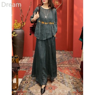 Fashion ethnic style suit womens summer New temperament seven-quarter sleeve top solid color wide leg pants two-piece set