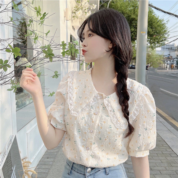 (ส่งจากไทย)เสื้อเชิ้ตแขนพองลายดอกแขนสั้นผู้หญิง รูปที่ 4