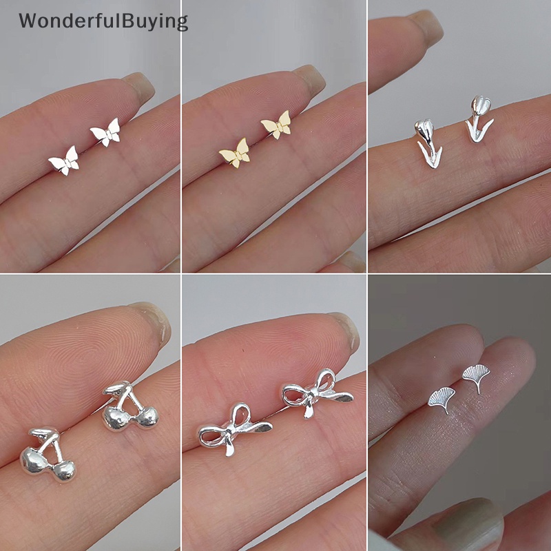 Wbth ต่างหูสตั๊ด รูปดอกทิวลิป เชอร์รี่ หัวใจ ขนาดเล็ก สีเงิน เรียบง่าย ของขวัญ สําหรับผู้หญิง 1 คู่