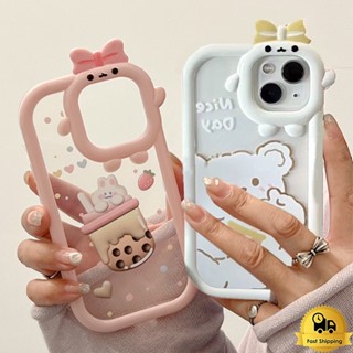 เคสโทรศัพท์คู่สำหรับไอโฟน 11 12 13 14 15 Pro Max XR 7 6 8 Plus X XS MAX ชานมกระต่ายหมี ธนูใหม่เลนส์สร้างสรรค์เคสมือถือ