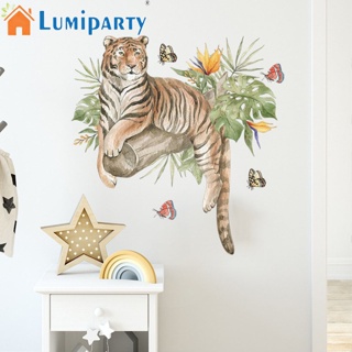 Lumiparty สติกเกอร์วอลเปเปอร์ติดผนัง ลายการ์ตูนสัตว์ เสือ พืชเขตร้อน สีเขียว สําหรับตกแต่งบ้าน