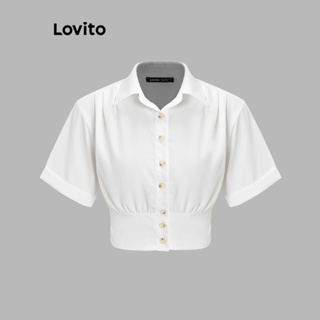 Lovito เสื้อเบลาส์ กระดุมติด สีพื้น สไตล์ลำลอง สำหรับผู้หญิง L58AD032 (สีขาว)