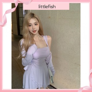 [Littlefish] เสื้อคาร์ดิแกนแขนยาว ผ้าถัก กันแดด และกระโปรงสั้น ทรงไม่สมมาตร แฟชั่นฤดูร้อน สําหรับเด็กผู้หญิง