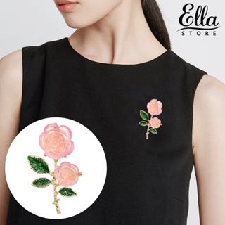 Ellastore123 เข็มกลัด รูปดอกไม้ สีชมพู ใบไม้สีเขียว หรูหรา เครื่องประดับแฟชั่น สําหรับเสื้อคาร์ดิแกน เสื้อกันหนาว เสื้อสูท คอปก ของขวัญ