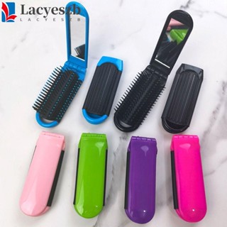 Lacyeszb 2 in 1 ชุดหวีกระจก ป้องกันไฟฟ้าสถิตย์ ถุงลมนิรภัย หวีผม แบบพกพา ใช้ได้สองแบบ สี่เหลี่ยม ขนาดเล็ก พับได้ พร้อมกระจกแต่งหน้า เครื่องมือ