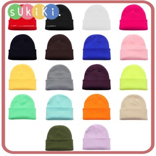 Sukiki หมวกบีนนี่ ผ้าถัก สีพื้น น่ารัก สําหรับผู้หญิง / ผู้ชาย 18 สี