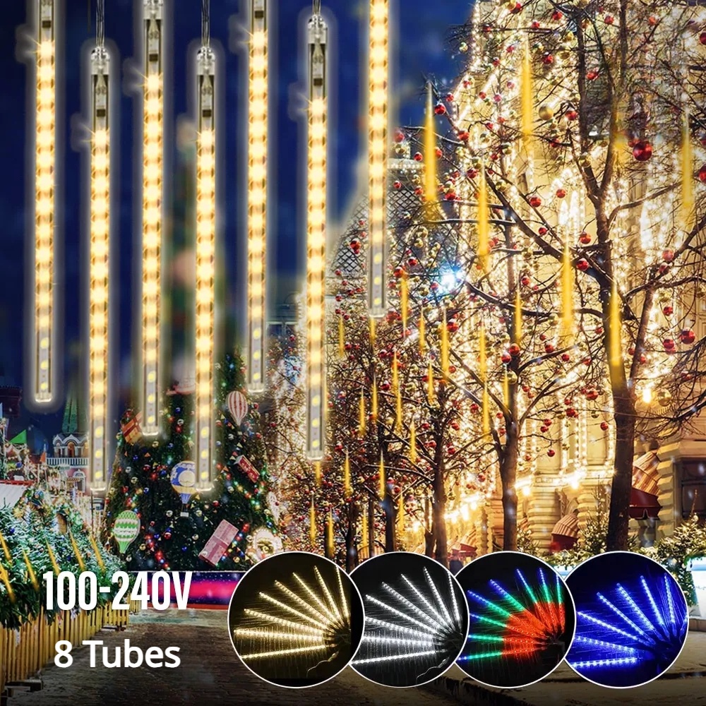 LED ดาวตกฝนฝนหลอดวันหยุดแถบไฟสวนตกแต่งถนนไฟเทพนิยาย 30/50cm*8แท่ง สำหรับตกแต่งบ้าน ระเบียง ต้นไม้ กันน้ำ