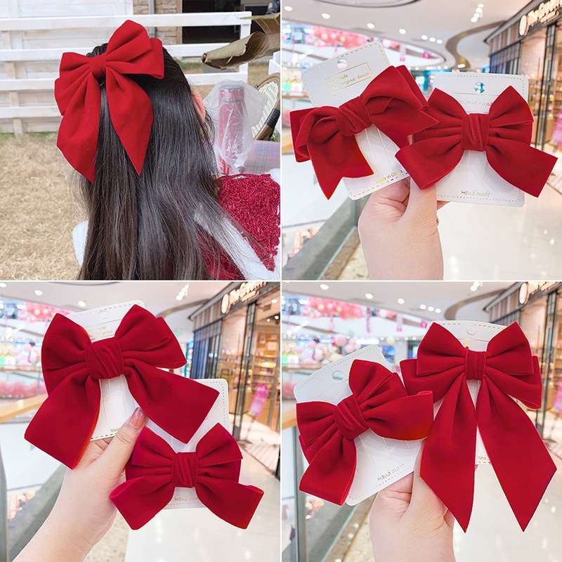 กิ๊บติดผม ริบบิ้นยาว กํามะหยี่ สีแดง วินเทจ โบว์ใหญ่ สําหรับผู้หญิง เกาหลี ปิ่นปักผม เครื่องประดับผม