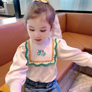 ❀Qinzi เสือดาว❀พร้อมส่ง เสื้อยืดแขนยาว คอสูง แต่งลูกไม้ แบบหนา แฟชั่นฤดูใบไม้ร่วง สําหรับเด็กผู้หญิง 2023