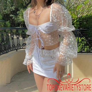 Topone- เสื้อครอปท็อป แขนยาว ผ้าตาข่ายซีทรู สําหรับผู้หญิง