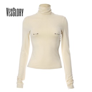 Vesglory เสื้อครอปท็อป แขนยาว คอสูง ทรงสลิมฟิต สีพื้น แฟชั่นสําหรับผู้หญิง 2023