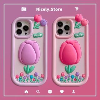 Ins เคสโทรศัพท์มือถือ ซิลิโคน หนา กันกระแทก ลายดอกทิวลิป 3D สําหรับ iPhone 14 13 12 Pro Max 11