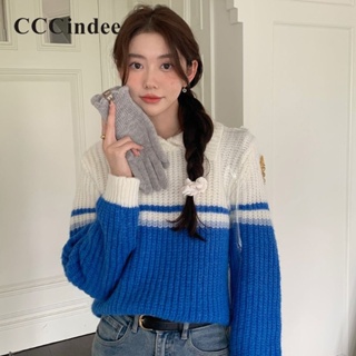 Cccindee ใหม่ เสื้อกันหนาวลําลอง แขนยาว คอปก เข้ารูป ติดกระดุม สีตัดกัน แฟชั่นสําหรับสตรี 2023