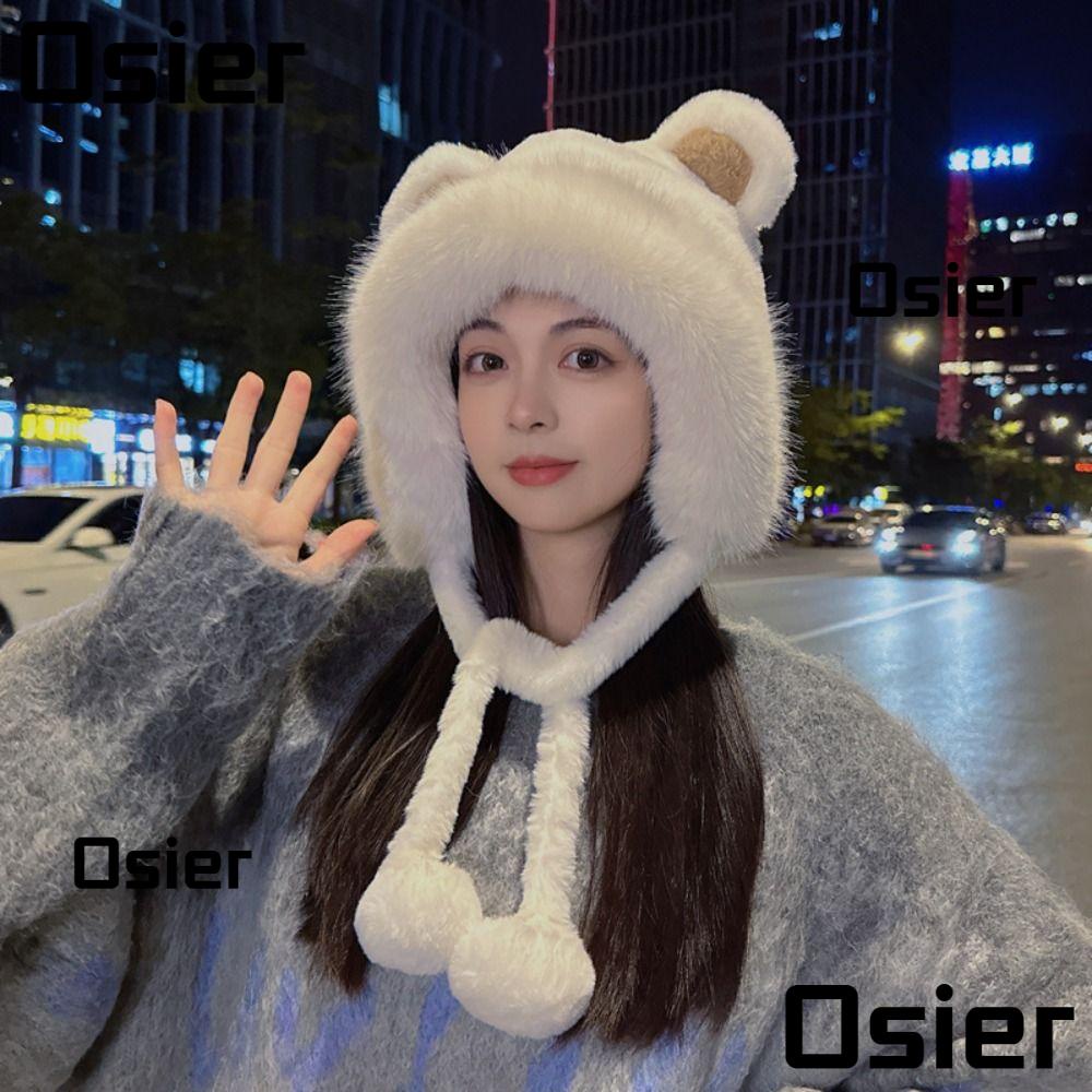 Osier1 หมวกบักเก็ต ผ้าวูล แต่งหูหมีน่ารัก แฟชั่นฤดูหนาว สําหรับผู้หญิง