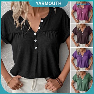 Yyr--เสื้อยืดลําลอง คอวี แขนสั้น สีพื้น สําหรับสตรี