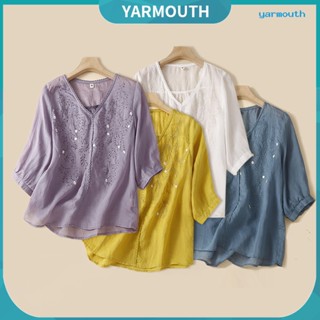 Yyr--เสื้อยืดแขนครึ่ง คอวี ปักลายดอกไม้ ทรงหลวม สีพื้น แฟชั่นฤดูร้อน สําหรับผู้หญิง