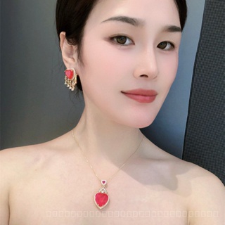 0914YWSJ Sweet Natural Stone Rhinestone Heart-Shaped Jewelry Set Light Luxury Small Ring Real Gold Electroplated Snake Bones Chain Earrings Necklace L3LU