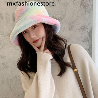 Mxfashione หมวกบักเก็ต ผ้าขนสัตว์เทียม นิ่ม สีรุ้ง พับได้ ป้องกันหน้าผาก แฟชั่นฤดูใบไม้ร่วง ฤดูหนาว สําหรับผู้หญิง