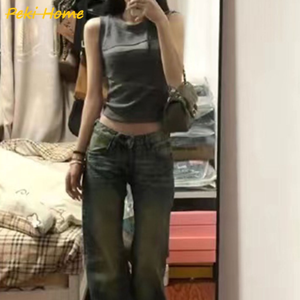 เสื้อกล้ามวินเทจสไตล์เกาหลีสีทึบสวมใส่สบายสำหรับสาวๆ