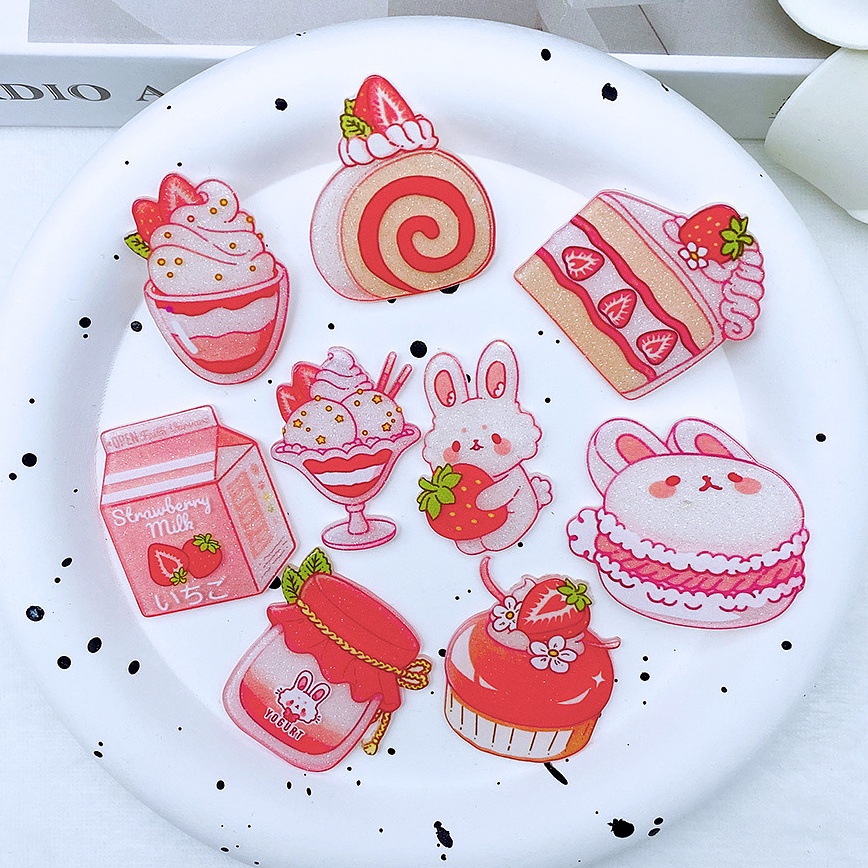เข็มกลัดอะคริลิค รูปการ์ตูนกระต่าย สตรอเบอร์รี่ เค้ก และกางเกง ทรงหลวม diy