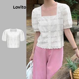 Lovito เสื้อเบลาส์ แขนสั้น ลําลอง แต่งกระดุม สําหรับผู้หญิง L61AD030 (สีขาว)