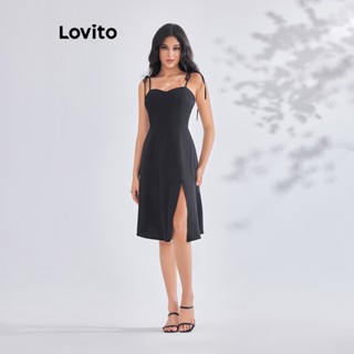 Lovito ชุดเดรสลําลอง แบบผูกเชือก แต่งผ่าข้าง สําหรับผู้หญิง LBE03149 (สีดํา)