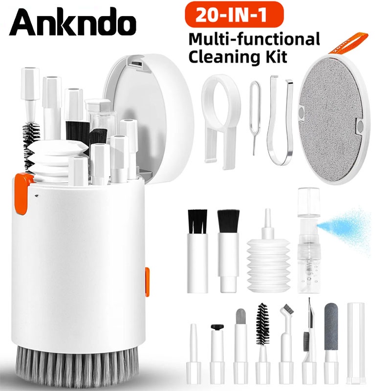 Ankndo 20 in 1 คีย์บอร์ดแปรงทําความสะอาดหูฟังคอมพิวเตอร์เครื่องมือทําความสะอาด keycap Puller ชุดทําความสะอาดสําหรับกล้องแล็ปท็อปหน้าจอ/โทรศัพท์มือถือ/หูฟัง