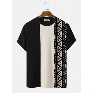 เสื้อยืดแขนสั้น ผ้าถัก ลายเรขาคณิต บล็อกสี สําหรับผู้ชาย