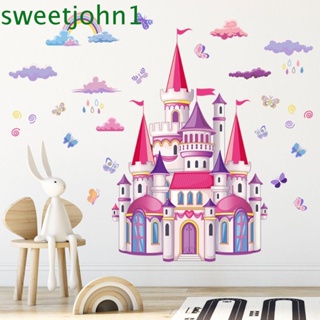 Sweetjohn สติกเกอร์ติดผนัง ลายการ์ตูนปราสาทเจ้าหญิง เมฆสายรุ้ง แฟนตาซี แฟชั่น สําหรับห้องนอน 2 ชิ้น ต่อชุด