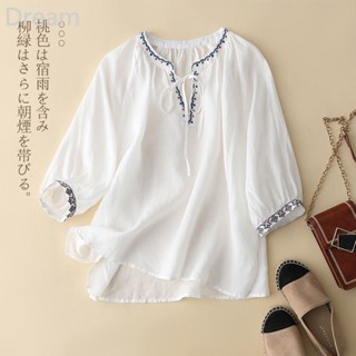 Original cotton and linen embroidered V-neck cropped sleeve shirt Womens comfortable and soft shirt New neckline lace-up summer top