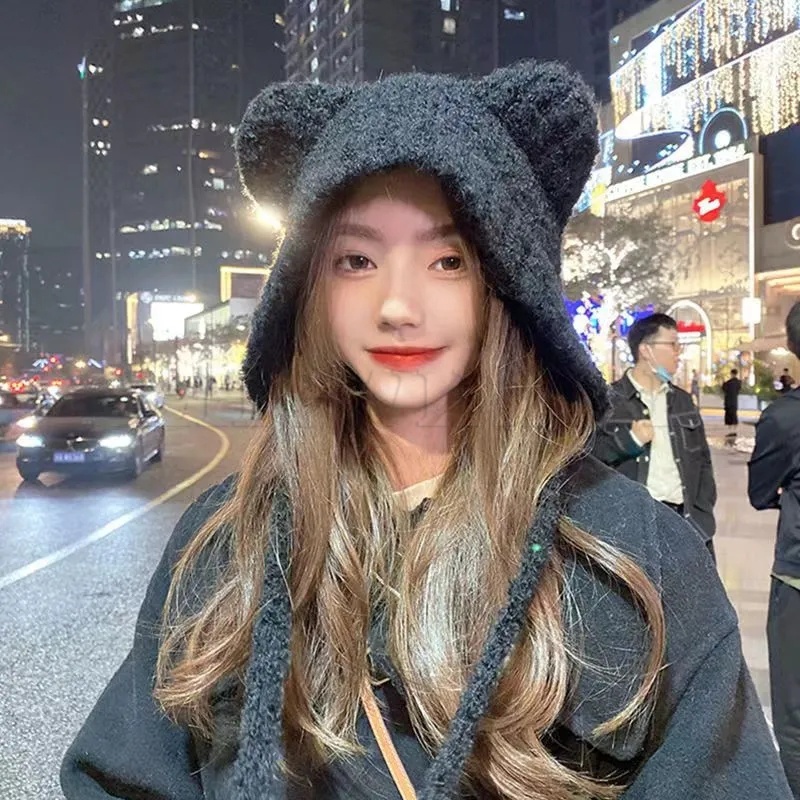 หมวกถักไหมพรม แต่งหูหมีน่ารัก ให้ความอบอุ่น แฟชั่นฤดูหนาว และฤดูใบไม้ร่วง สําหรับผู้ชาย และผู้หญิง ใส่เล่นกีฬากลางแจ้ง