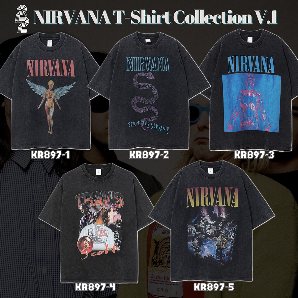 KR897เสื้อสตรีทลายซีรีย์Nirvanaโครตหล่อเท่ห์ลายใหม่โครตหล่อเท่ห์ค้าบบผ้าcottonสีเทาดำอย่างดี22thocto