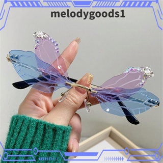 MELODYGOODS1 แว่นตากันแดด ทรงไม่สม่ําเสมอ ประดับเพชร รูปปีกแมลงปอ เหมาะกับงานปาร์ตี้