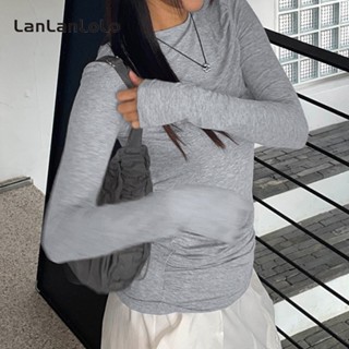 Lanlanlolo เสื้อฮู้ด คอกลม แขนยาว เข้ารูป เรียบง่าย สีพื้น เข้ากับทุกการแต่งกาย สําหรับผู้หญิง 2023