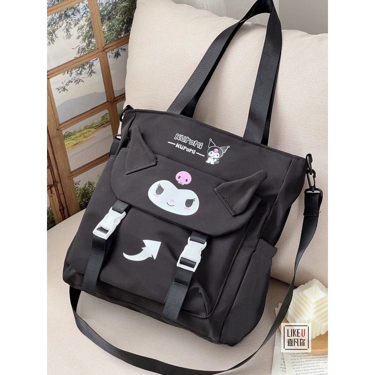 Kuromi กระเป๋าผ้าแคนวาส สีดํา สีขาว สไตล์เกาหลี สําหรับผู้หญิง