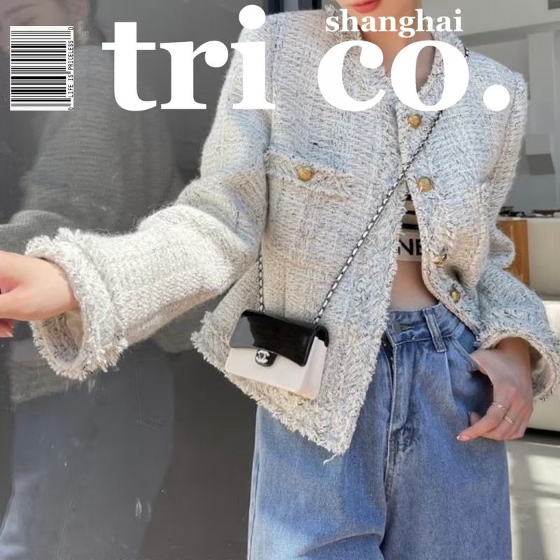 High-grade French style coat women round collar tassel coat 2024 new style tweed temperament cropped