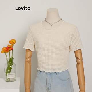 Lovito เสื้อยืดลำลอง สีพื้น คัทเอ้าท์ แต่งระบาย สำหรับผู้หญิง L59ED030 (สีขาว)