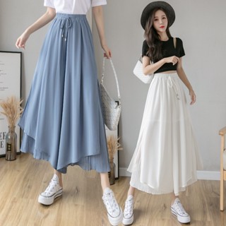 ผู้หญิงเอวสูง culottes ชีฟองกางเกงขากว้างฤดูร้อน drawstring กางเกงตัด