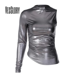 Vesglory เสื้อครอปท็อปแขนยาว คอกลม ทรงสลิมฟิต สีพื้น แฟชั่นสําหรับผู้หญิง 2023