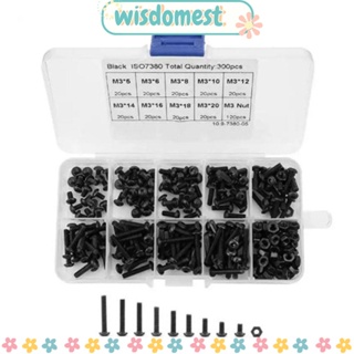 Wisdomest สกรูเมตริก M3 เหล็กคาร์บอน เกรด 10.9 สีดํา พร้อมกล่องเก็บ 5-20 มม. DIY 300 ชิ้น