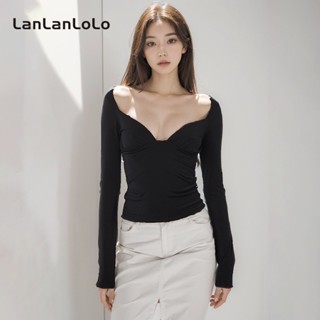 Lanlanlolo เสื้อแขนยาว คอวี เปิดหลังเซ็กซี่ เข้ารูป เข้ากับทุกการแต่งกาย สีพื้น แฟชั่นสําหรับผู้หญิง 2023