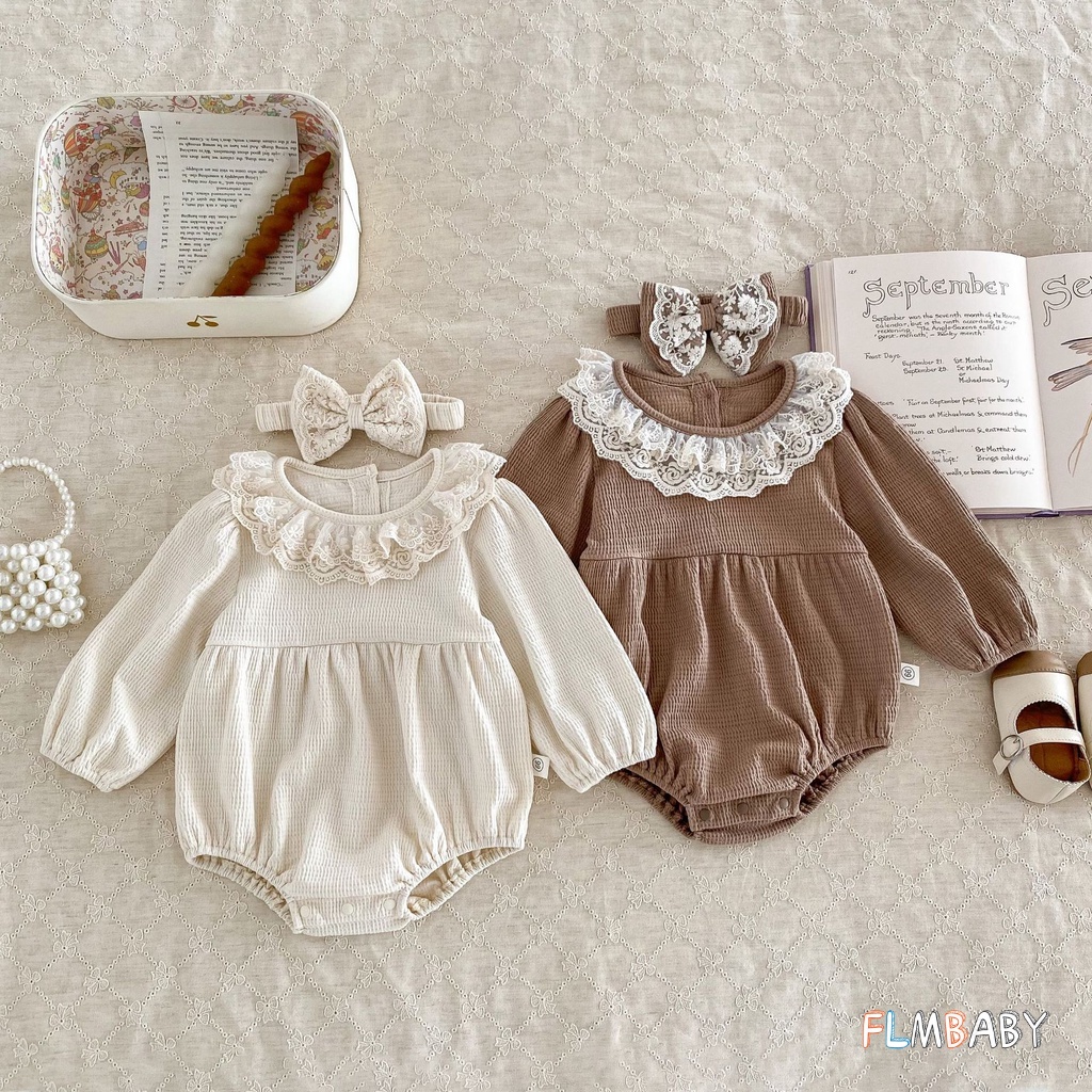 ชุดบอดี้สูท รอมเปอร์ บอดี้สูท แขนยาว ลูกไม้ วาฟเฟิล พร้อมโบว์ ที่คาดผม สําหรับเด็กทารกแรกเกิด