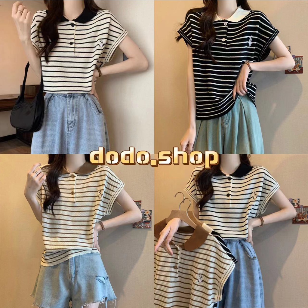 DODO*พร้อมส่ง*เสื้อคอปก ดีเทลกระดุม เม็ด ลายคาด ปักตุ๊กตา สไตล์เกาหลี POLO(51118)
