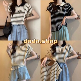 DODO*พร้อมส่ง*เสื้อคอปก ดีเทลกระดุม เม็ด ลายคาด ปักตุ๊กตา สไ…