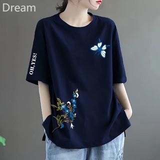 Woodpecker cotton loose simple all-match printed top round neck Korean style mothers short-sleeved T-shirt womens fashion