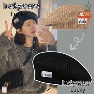 Lucky หมวกเบเร่ต์ถัก หนา นุ่ม อบอุ่น สไตล์ฝรั่งเศส หมวกเบเร่ต์ศิลปิน แฟชั่น หมวกเบเร่ต์ หนา สําหรับผู้หญิง