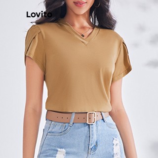 Lovito เสื้อยืดลําลอง แต่งระบาย แบบเรียบ สําหรับผู้หญิง LBE03028 (สีกากี)